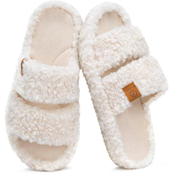 ⚡Women's Cream Fuzzy Open Toe Slipper Soft Comfy Memory Foam House Shoes - Picture 1 of 8